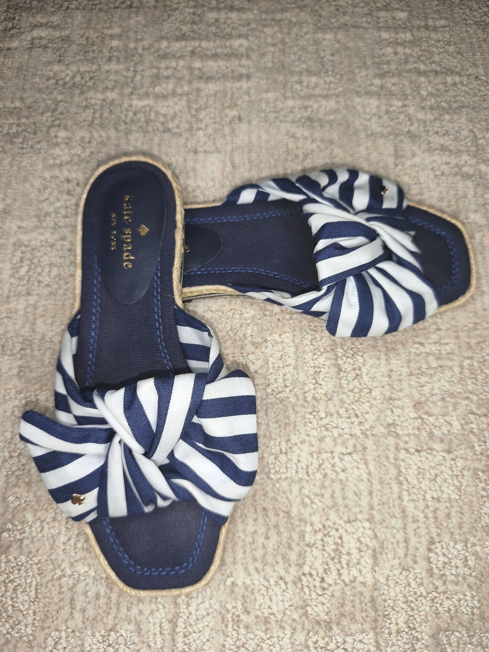 Kate Spade New York Caliana Stripe Slide Sandals Blue White Bow Mule Shoes Sz7,5